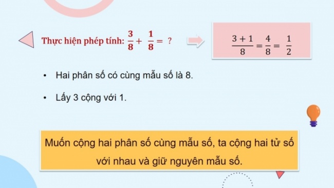 Soạn giáo án điện tử toán 4 CTST Bài 68: Cộng hai phân số cùng mẫu số