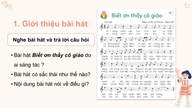 Soạn giáo án điện tử âm nhạc 4 cánh diều Tiết 31: Hát: Biết ơn thầy cô giáo