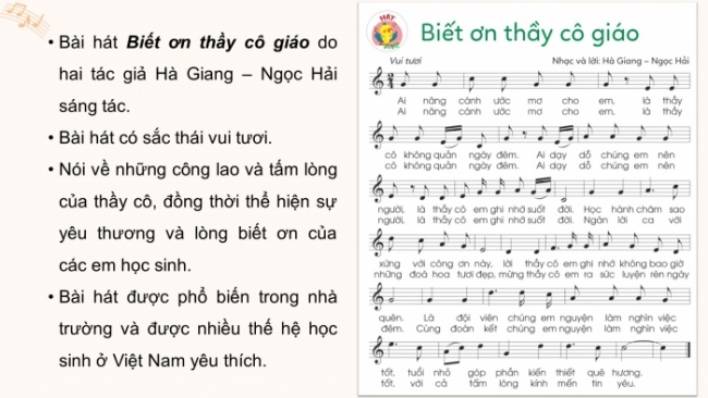 Soạn giáo án điện tử âm nhạc 4 cánh diều Tiết 31: Hát: Biết ơn thầy cô giáo