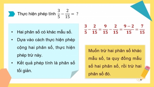 Soạn giáo án điện tử toán 4 CTST Bài 72: Trừ hai phân số khác mẫu số