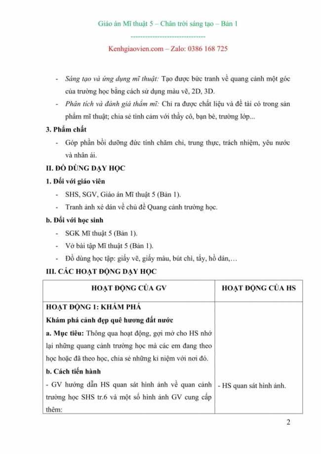Giáo án Mĩ thuật 5 bản 1 mới năm 2024 chân trời sáng tạo