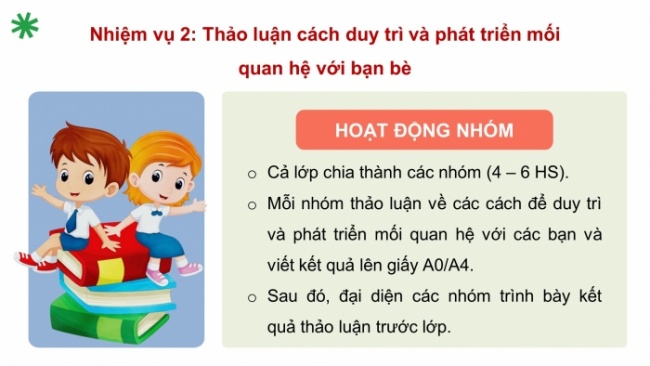 Soạn giáo án điện tử HĐTN 4 CTST bản 2 Tuần 8: HĐGDTCĐ - Thực hiện lời nói, việc làm để duy trì và phát triển mối quan hệ với bạn bè