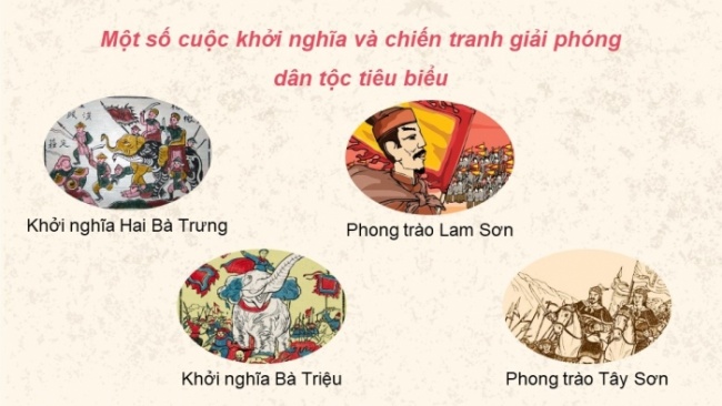 Soạn giáo án điện tử lịch sử 11 Cánh diều Bài 8: Một số cuộc khởi nghĩa và chiến tranh giải phóng trong lịch sử Việt Nam (từ TK III TCN đến cuối TK XIX) (P1)