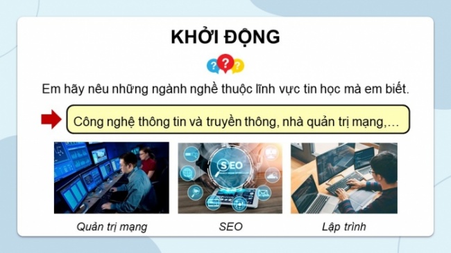 Soạn giáo án điện tử Tin học 8 CD Chủ đề G Bài 2: Tin học và các ngành nghề