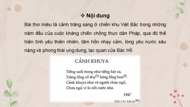Soạn giáo án điện tử Ngữ văn 8 CD Bài 9 Đọc 1: Vẻ đẹp của bài thơ
