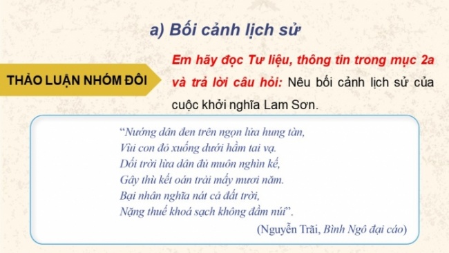 Soạn giáo án điện tử lịch sử 11 Cánh diều Bài 8: Một số cuộc khởi nghĩa và chiến tranh giải phóng trong lịch sử Việt Nam (từ TK III TCN đến cuối TK XIX) (P2)