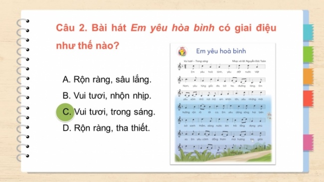 Soạn giáo án điện tử âm nhạc 4 cánh diều Tiết 24: Ôn tập bài hát: Em yêu hoà bình; Thường thức âm nhạc – Tác giả và tác phẩm: Nhạc sĩ Hoàng Vân