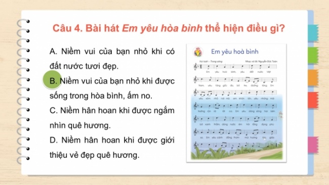 Soạn giáo án điện tử âm nhạc 4 cánh diều Tiết 24: Ôn tập bài hát: Em yêu hoà bình; Thường thức âm nhạc – Tác giả và tác phẩm: Nhạc sĩ Hoàng Vân