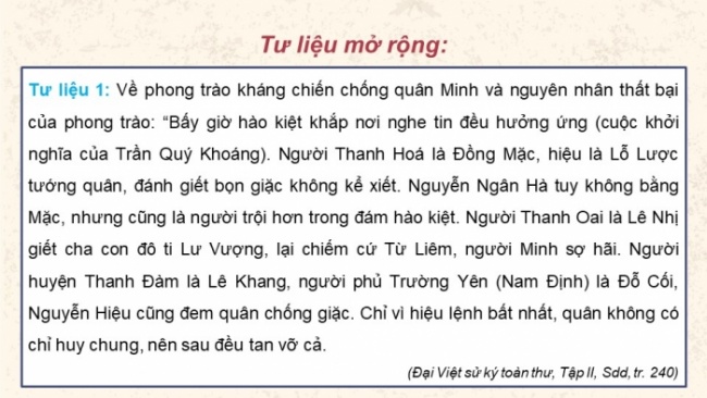 Soạn giáo án điện tử lịch sử 11 Cánh diều Bài 8: Một số cuộc khởi nghĩa và chiến tranh giải phóng trong lịch sử Việt Nam (từ TK III TCN đến cuối TK XIX) (P2)