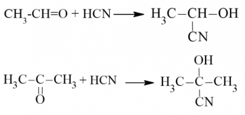 Hydrogen cyanide (HCN) phản ứng được với aldehyde hoặc ketone tạo thành sản phẩm là các cyanohydrin