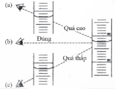 Đọc thể tích dung dịch: lưu ý khi đọc thể tích dung dịch trong pipette, burette cần để ngang tầm mắt, đọc chỉ số vạch thẳng với mặt cong chất lỏng