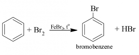 Benzene phản ứng với chlorine và bromine khi có mặt FeCl3 hoặc FeBr3 làm xúc tác. 