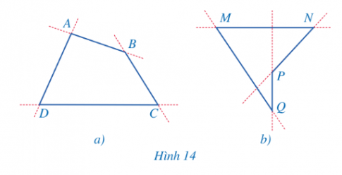 Hình 14a: Tứ giác ABCD nằm về một phía của đường thẳng chứa một cạnh bất kì của tứ giác đó. Hình 14b: Tứ giác MNPQ không nằm về một phía của đường thẳng chứa cạnh NP hoặc cạnh PQ của tứ giác.