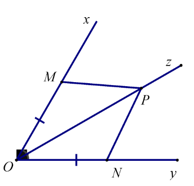 Cho góc xOy có Oz là tia phân giác. Hai điểm M, N lần lượt thuộc Ox, Oy và khác O thỏa mãn OM = ON, điểm P khác O và thuộc Oz. Chứng minh MP=NP