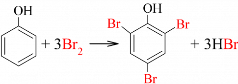 Phenol phản ứng bromine, làm nước bromine mất màu, tạo kết tủa trắng 2,4,6-tribromophenol