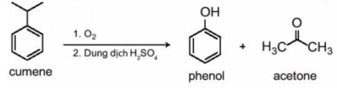 Phenol được tổng hợp từ cumene (isopropylbenzene) bằng phản ứng oxi hoá bởi oxygen rồi thuỷ phân trong môi trường acid thu được hai sản phẩm là phenol và acetone: