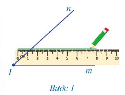 Bước 1. Đặt thước hai lề sao cho một cạnh của thước trùng với cạnh Im của góc mIn; Dùng bút, vạch một vạch thẳng theo cạnh kia của thước 