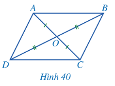 Cho tứ giác ABCD có hai đường chéo AC và BD cắt nhau tại trung điểm O của mỗi đường (Hình 40).