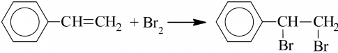 Styene dễ dàng tham gia phản ứng cộng với bromine ở điều kiện thường vì trong phân tử styrene có nhóm thế vinyl (CH2=CH-) làm mất màu của nước bromine nhạt dần rồi mất màu.  