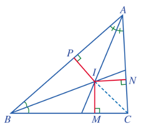 Vẽ các đường phân giác của các góc BAC và CBA cắt nhau tại I. Gọi M,N,P lần lượt là hình chiếu của I trên các cạnh BC, CA, AB (Hinh 117)