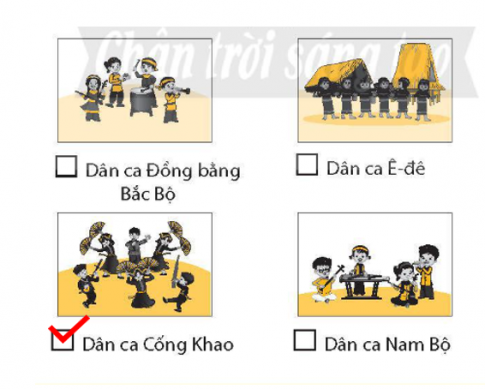 Bài hát Tiếng hát mùa sang là dân ca của dân tộc nào? Đánh dấu tick vào ô trống dưới hình minh họa tương ứng.