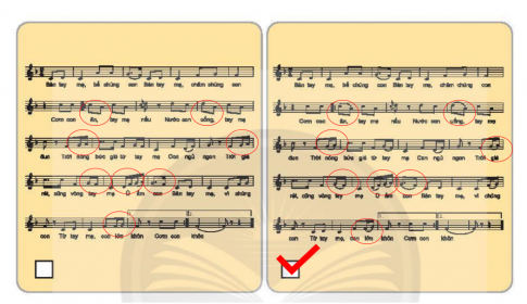 1. Khoanh tròn vào những chỗ có sự khác biệt trong 2 mẫu trích đoạn bài hát Bàn tay mẹ, sau đó đánh dấu tick vào ô trống dưới bài hát đúng. 