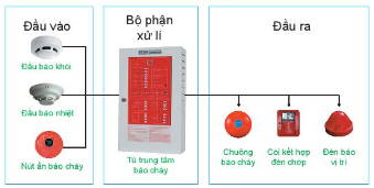 Quan sát hình 2.2 và cho biết đầu vào, đầu ra và bộ phậ sử lí trong hệ thống kĩ thuật cảnh báo cháy là những thiết bị nào. Để hệ thống cảnh báo cháy hoạt động có cần tất cả tín hiệu đầu vào hay không?