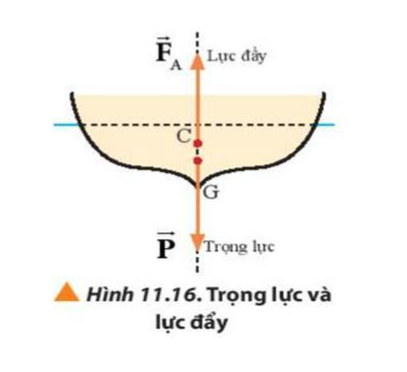 Khi vật nằm yên điểm đặt C của lực đẩy ở trên đường thẳng đứng qua trọng tâm G của vật như hình 11.6. 