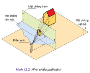  Quan sát Hình 12.2 và mô tả mối quan hệ giữa các yếu tố: điểm nhìn mặt phẳng, tầm mắt mặt tranh mặt phẳng vật thể và đường chân trời