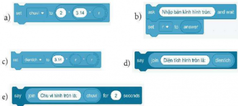  Sắp xếp các lệnh, khối lệnh dưới đây theo đúng thứ tự các bước của thuật toán tính chu vi, diện tích hình tròn với bán kính r nhập từ bàn phím.