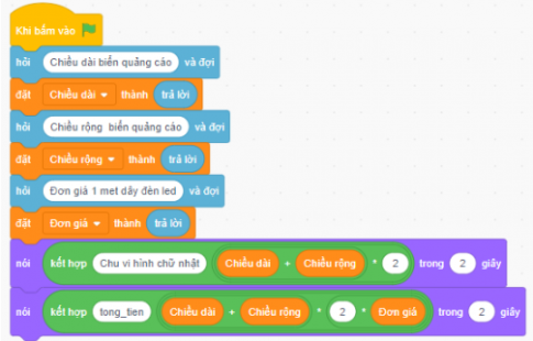 Tạo chương trình trong Scratch thực hiện thuật toán tính chi phí cần mua dây đèn led để trang trí viền xung quanh một biển quảng cáo hình chữ nhật trong bài 7. Thực hiện chương trình với các bộ dữ liệu trong bảng dưới đây và ghi lại kết quả