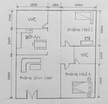 Hãy vẽ mặt bằng của ngôi nhà một tầng có diện tích 90m2, có 2 phòng ngủ, 1 phòng sinh hoạt chung, 1 bếp ăn và 2 nhà vệ sinh.