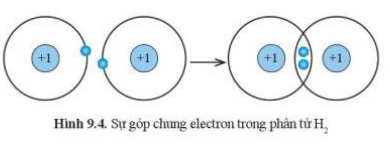 Phân tử H$_{2}$ hình thành từ 2 nguyên tử H (Hình 9.4). Mỗi nguyên tử H góp chung 1 electron tạo cặp electron chung. Sau khi hình thành liên kết, mỗi nguyên tử H đều có 1 đôi electron, giống lớp vỏ bền vững của khí hiếm He.