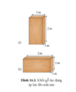 Câu 2 (điểm): Một khối gỗ hình hộp chữ nhật có kích thước 1 m x 1 m x 2 m và có trọng lượng 200 N. Tính áp suất khối gỗ tác dụng lên mặt sàn trong hai trường hợp ở hình 16.3.