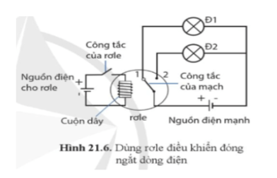  Khi đóng hoặc mở công tắc của rơle thì sẽ có dòng điện chạy qua cuộn dây của rơle, cuộn dây này sẽ đóng hay mở công tắc của mạch điện dùng đèn ở vị trí 1 hoặc 2. Hãy mô tả hoạt động của mạch điện khi rơle đóng công tắc mạch ở vị trí 1 và vị trí 2.