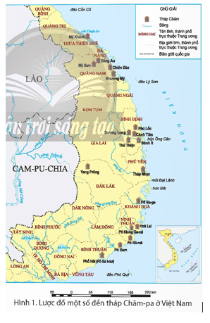 Quan sát hình 1, em hãy kể tên và xác định vị trí của một số đền tháp Chăm-pa còn tồn tại đến ngày nay.