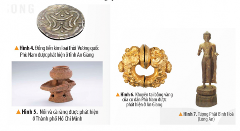 Đọc thông tin và quan sát các hình từ 4 đến 7, hãy kể tên và mô tả một số hiện vật khảo cổ học của Vương quốc Phù Nam