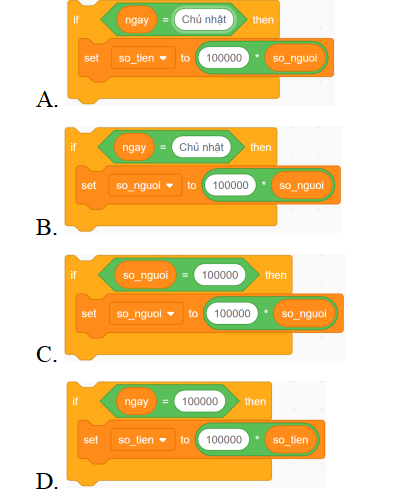 Phát biểu “Nếu là ngày Chủ nhật thì so_tien = 100000 x so_nguoi”. Khối lệnh tương ứng với phát biểu trên trong Scratch là?