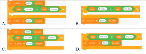 Phát biểu “Nếu là ngày thứ Năm hoặc thứ Sáu thì so_tien = 80000 x so_nguoi”. Khối lệnh tương ứng với phát biểu trên trong Scratch là?   