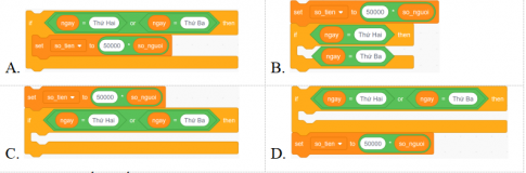Phát biểu “Nếu là ngày thứ Hai hoặc thứ Ba thì so_tien = 50000 x so_nguoi”. Khối lệnh tương ứng với phát biểu trên trong Scratch là?   