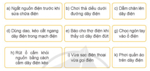 Sắp xếp các thẻ chữ dưới đây thành hai nhóm các việc cần làm và các việc không được làm để tránh tai nạn do điện gây ra.