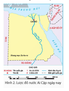 Đọc thông tin và quan sát hình 2, em hãy xác định vị trí địa lí của nước Ai Cập hiện nay