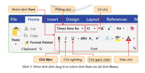 Em hãy tìm hiểu nhóm lệnh định dạng kí tự dưới đây và cho biết những lệnh để chọn phông, kiểu, kích thước, màu sắc cho kí tự.