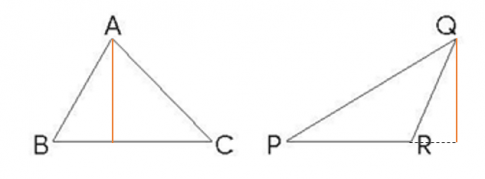 Dùng ê-ke, thước thẳng để vẽ đường cao tương ứng với đáy BC của tam giác ABC và đáy PR của tam giác PQR ở hình bên