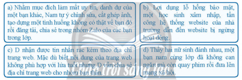 Trao đổi với bạn và cho biết, trong mỗi tình huống dưới đây hành vi nào là vi phạm pháp luật, hành vi nào là trái đạo đức, thiếu văn hoá?